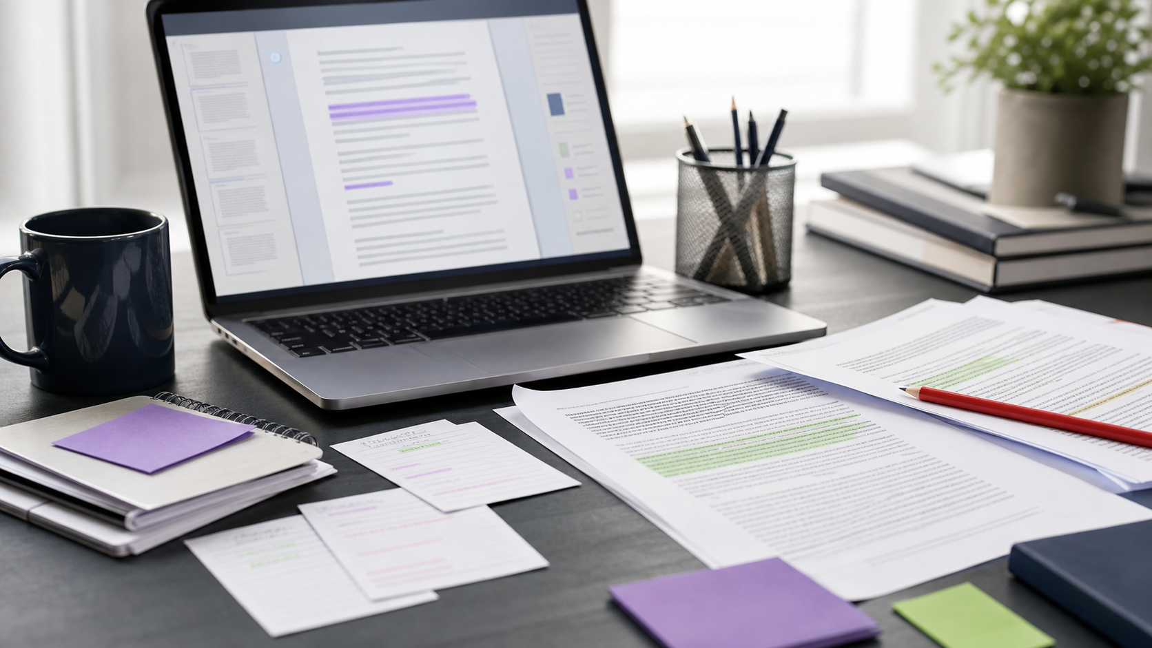 AI-assisted draft being revised with notes and highlighted evidence