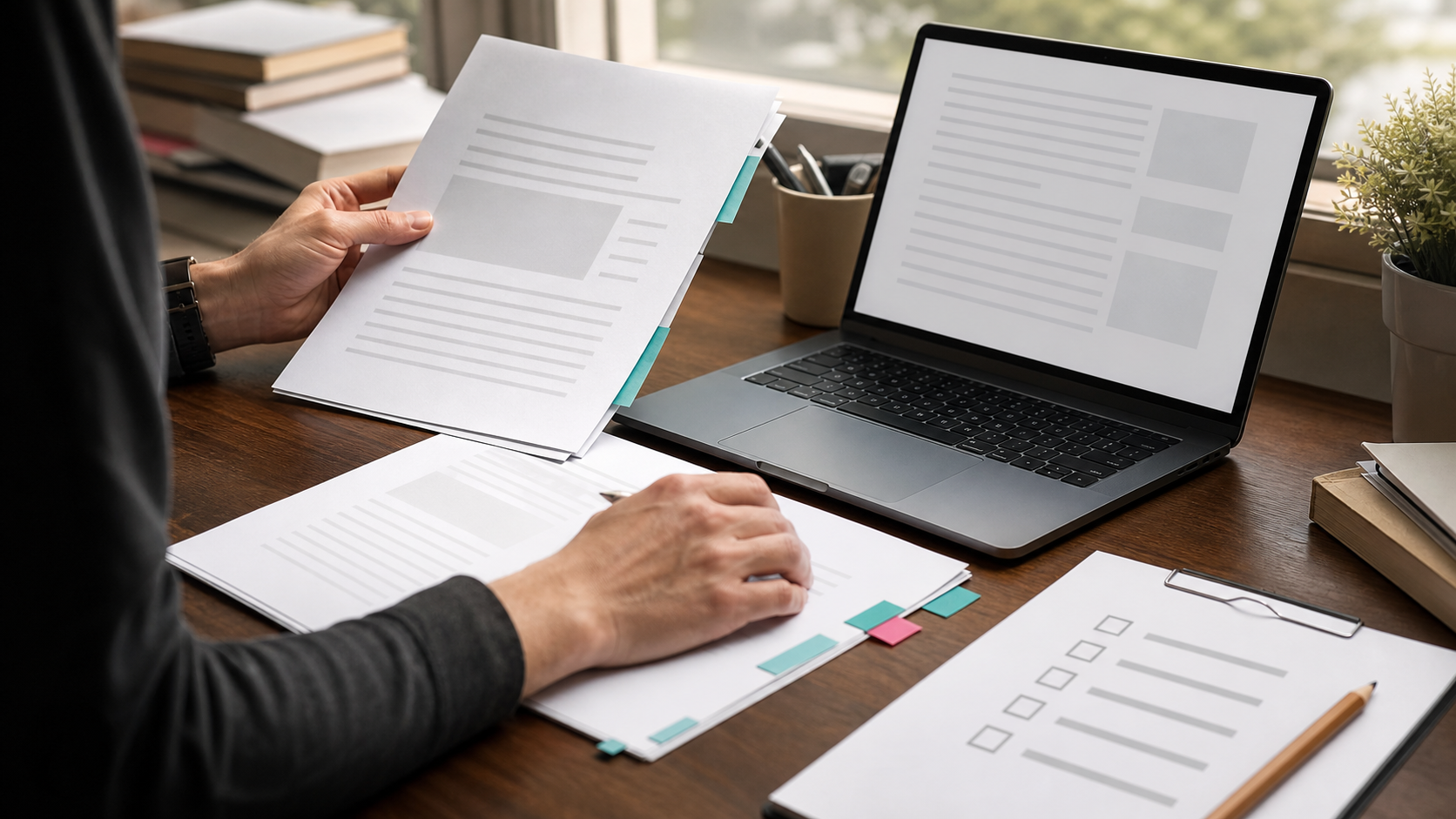Printed drafts and checklist pages being reviewed beside a laptop