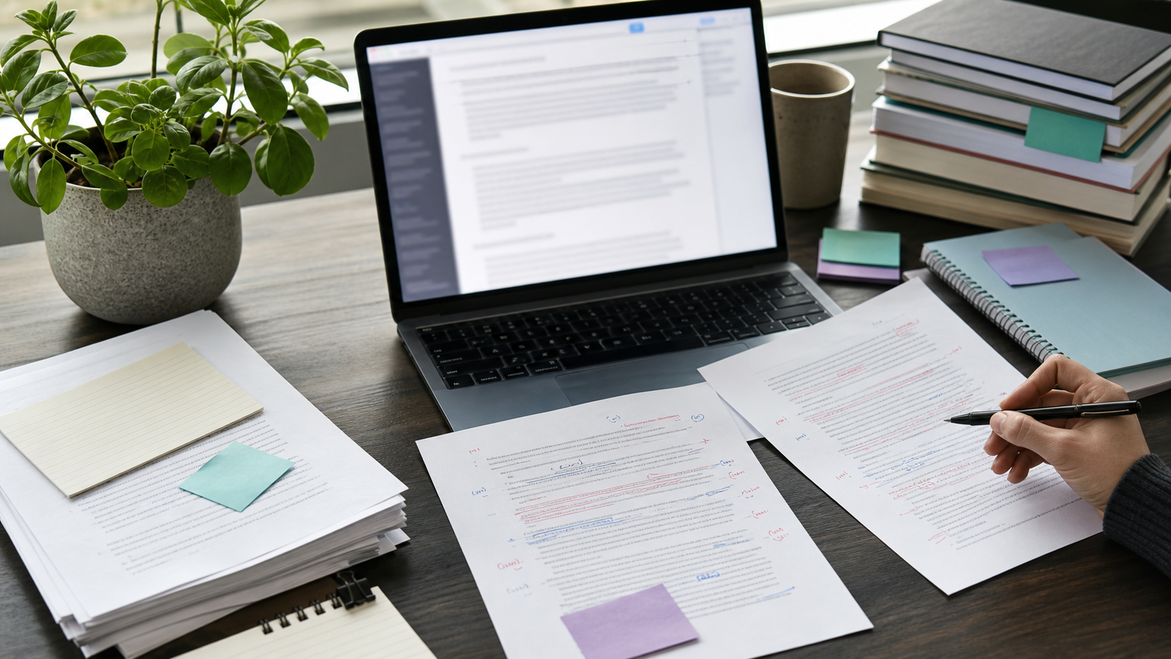 AI-assisted draft being revised with notes, source pages, and editing marks