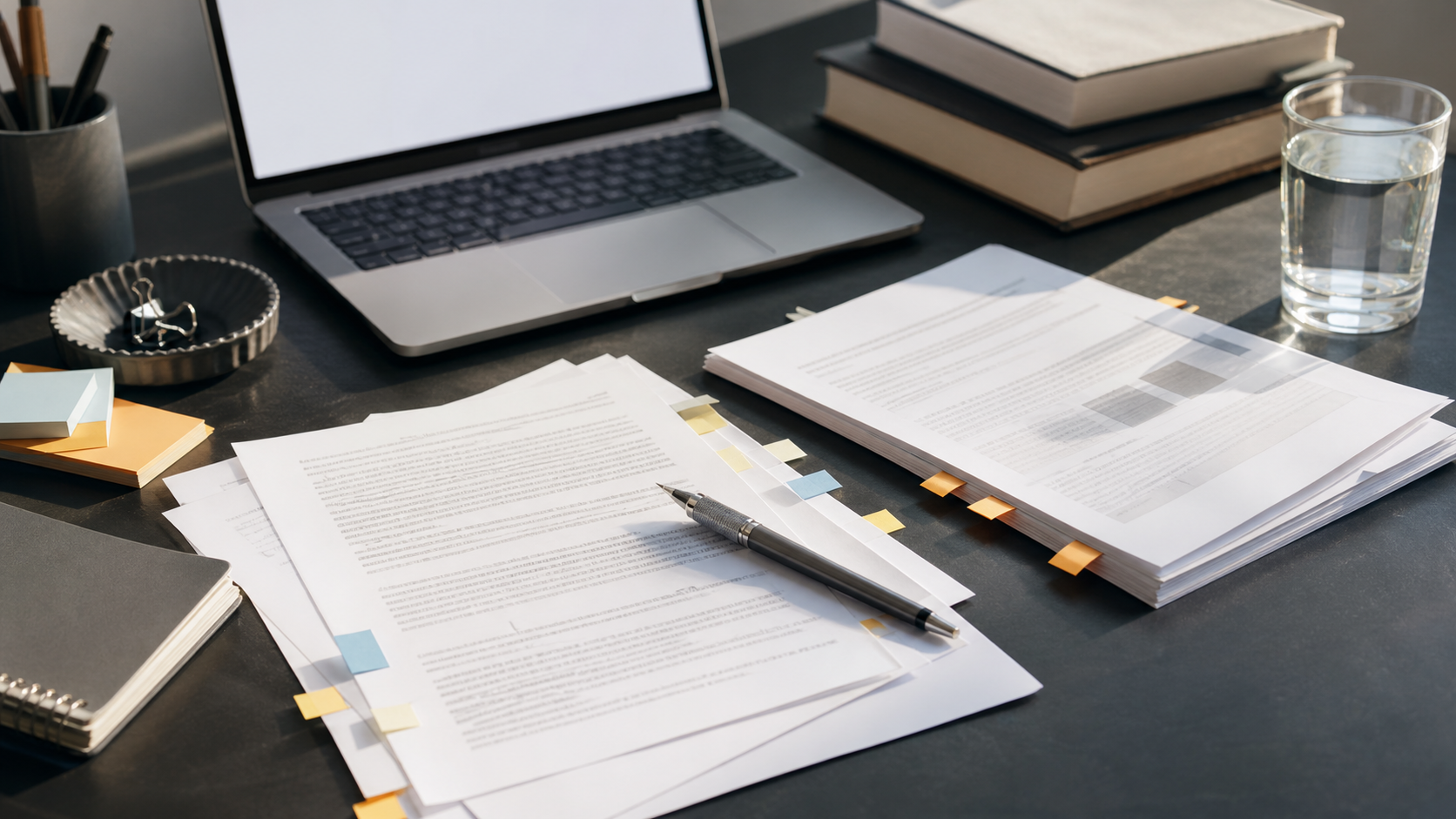AI-assisted draft pages being reviewed with tabs, pencil, reference books, and source notes