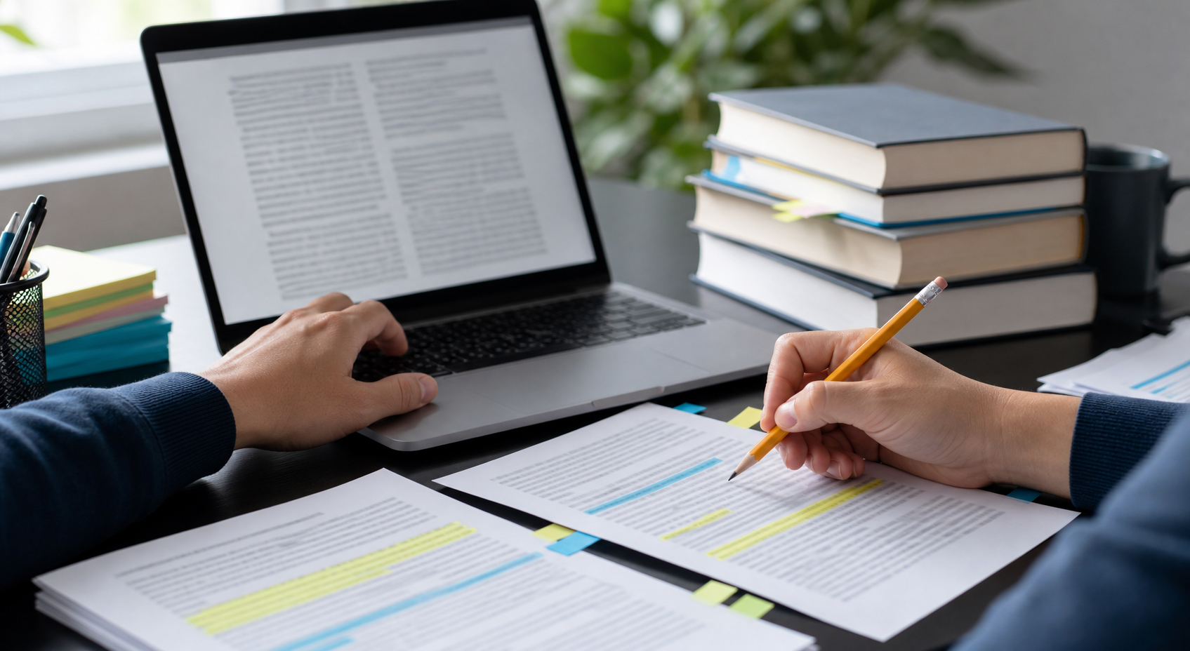 AI-assisted draft pages being checked with a pencil, highlighted passages, reference books, and a laptop