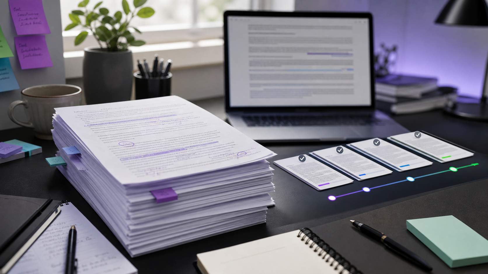 Organized AI-assisted writing draft with revision notes and style guide cards