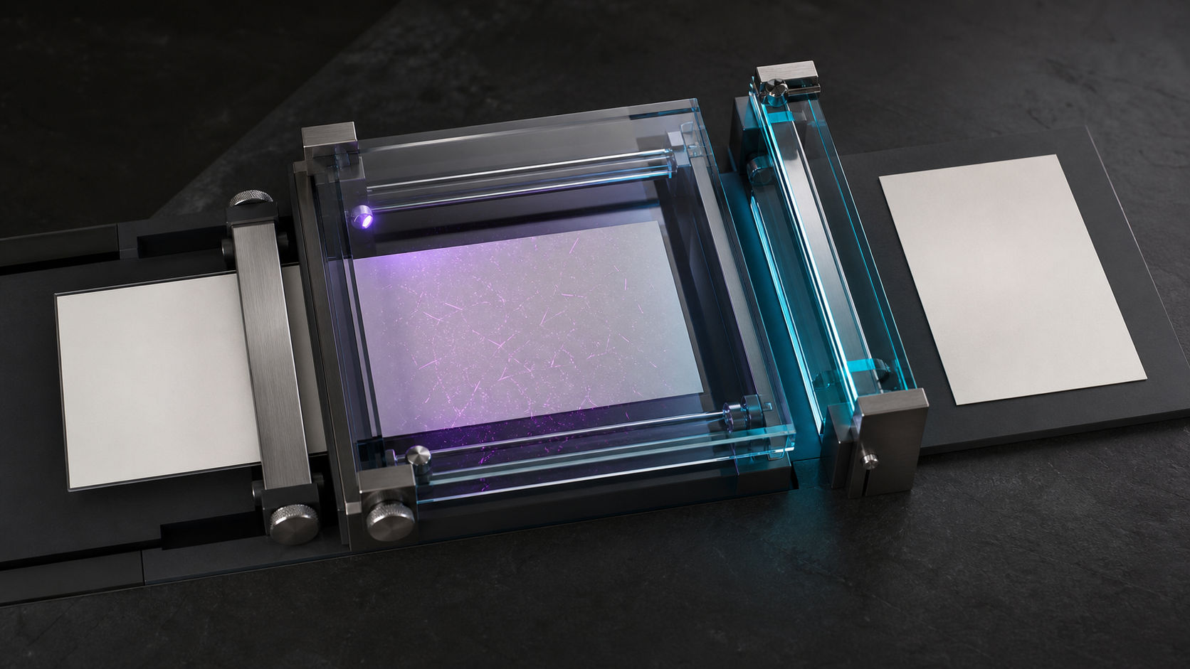 Ivory document passing through a sealed inspection chamber as hidden magenta fibers become visible under violet light